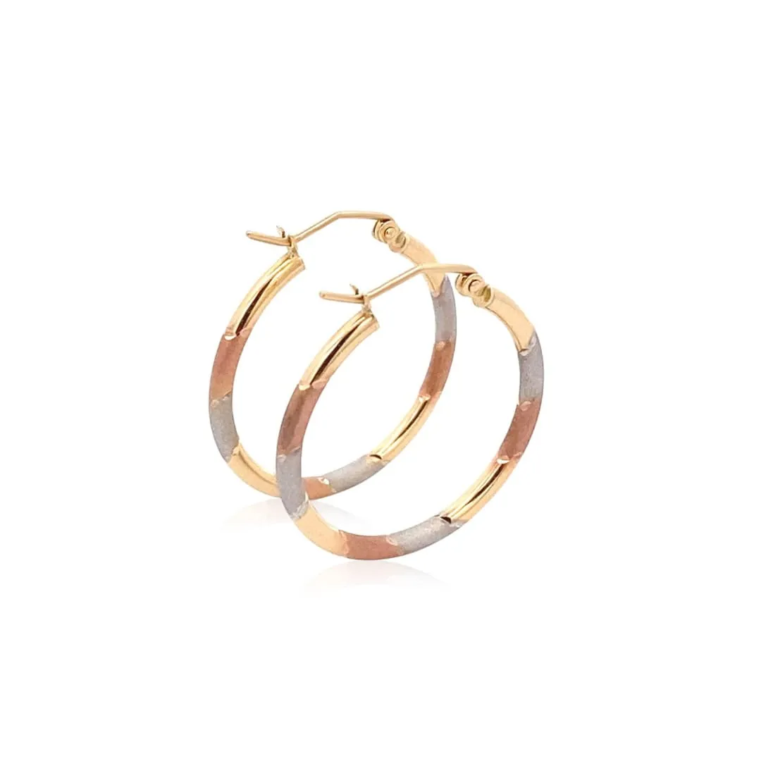 14k Tri-Color Textured Hoop Earrings (1inch Diameter)