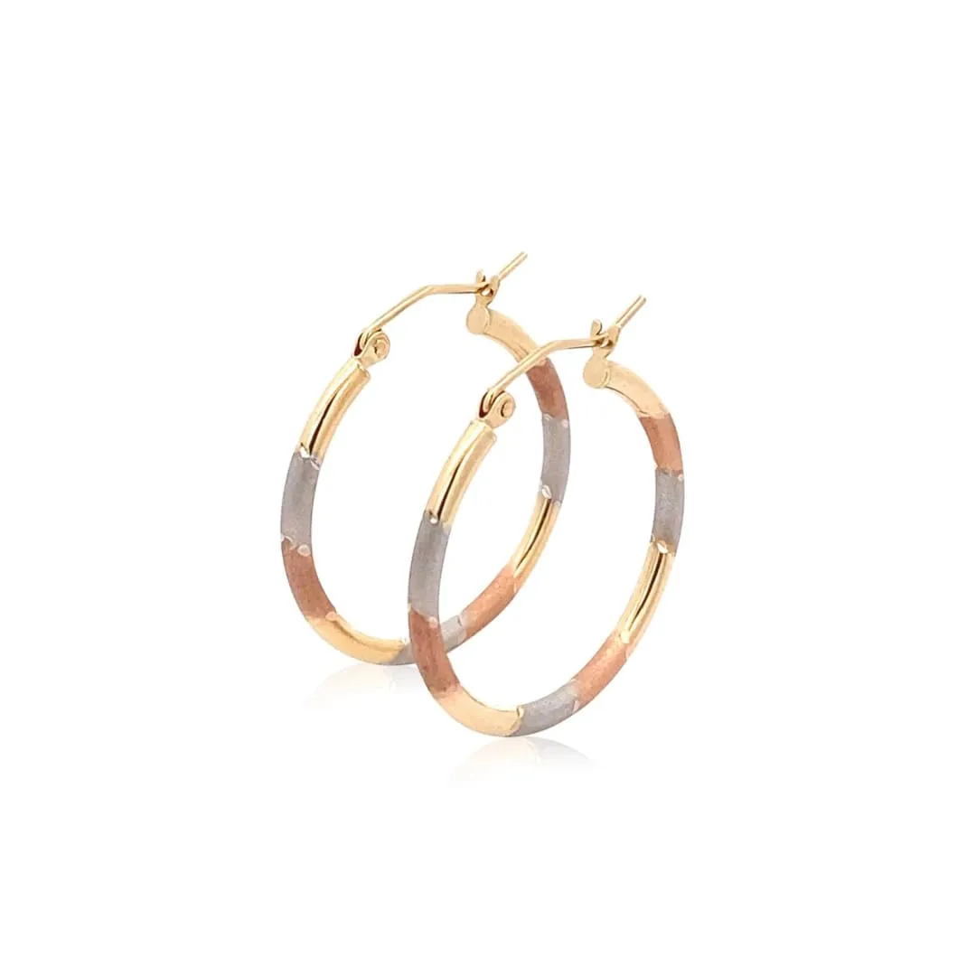 14k Tri-Color Textured Hoop Earrings (1inch Diameter)