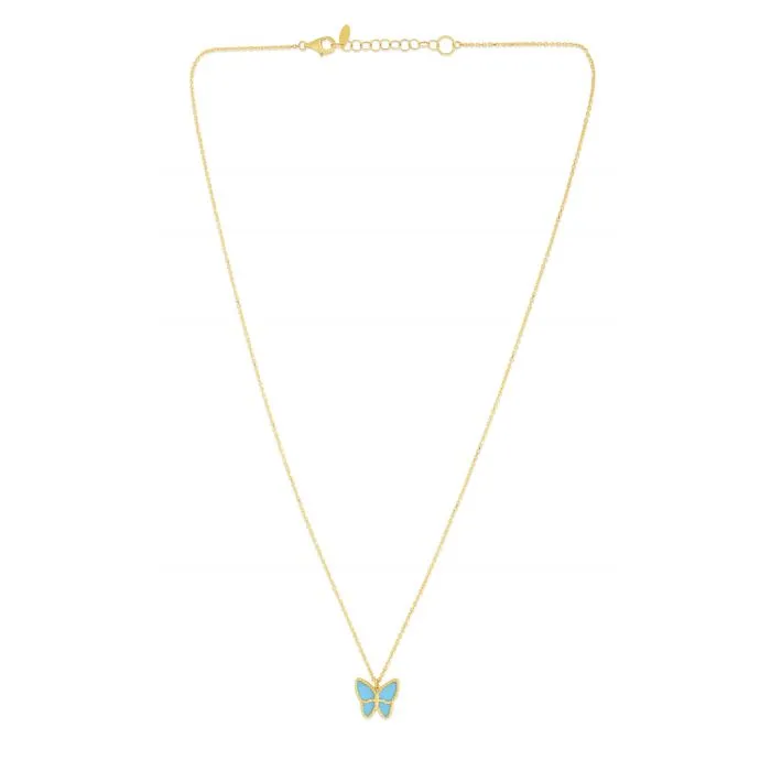 14K Yellow Gold Turquois Butterfly Pendant Necklace - 18"