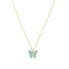 14K Yellow Gold Turquois Butterfly Pendant Necklace - 18"