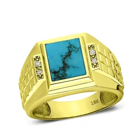 18K Real Yellow Fine Gold Blue Turquoise Mens Ring 4 Natural Diamonds Accents