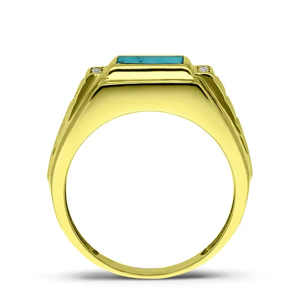 18K Real Yellow Fine Gold Blue Turquoise Mens Ring 4 Natural Diamonds Accents