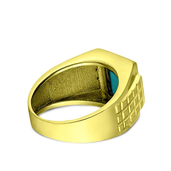 18K Real Yellow Fine Gold Blue Turquoise Mens Ring 4 Natural Diamonds Accents