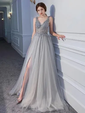 2021 V-Neck Beaded Side Split A Line Sparkling Evening Prom Dresses Women Formal Gowns ZF0004