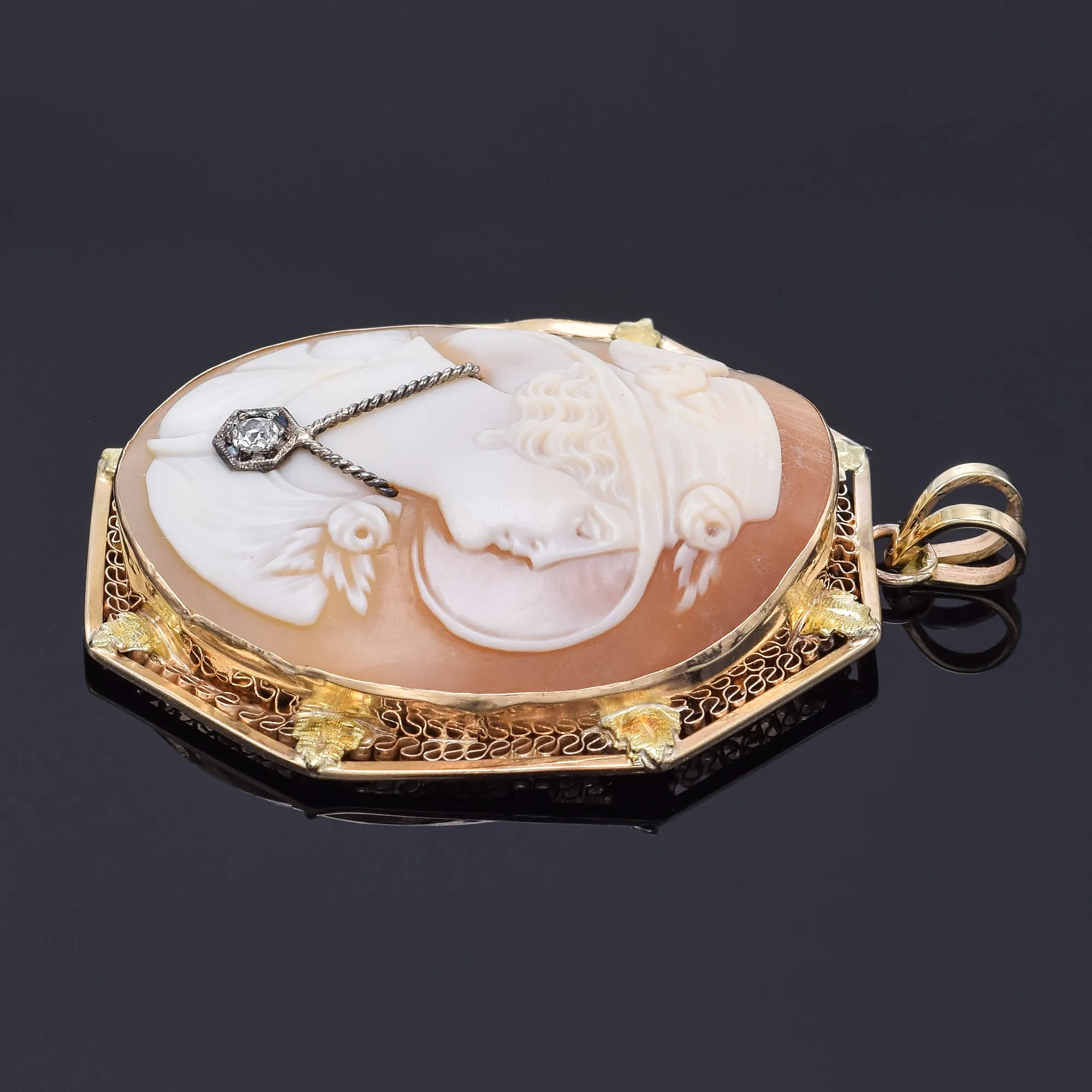 Antique 14K Yellow Gold Cameo Shell & Diamond Large Oval Pendant