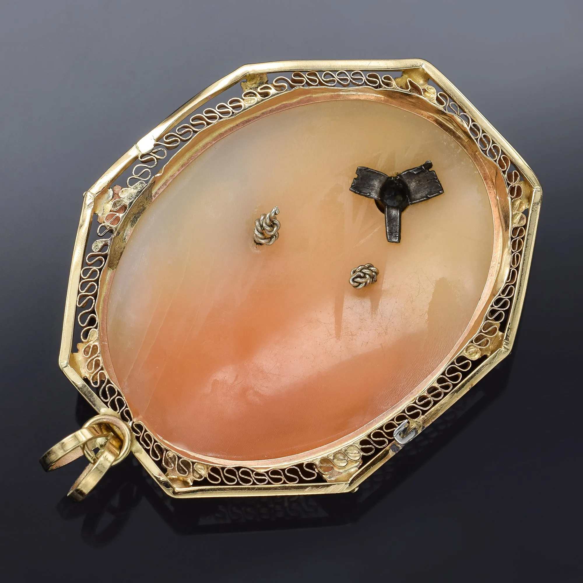 Antique 14K Yellow Gold Cameo Shell & Diamond Large Oval Pendant