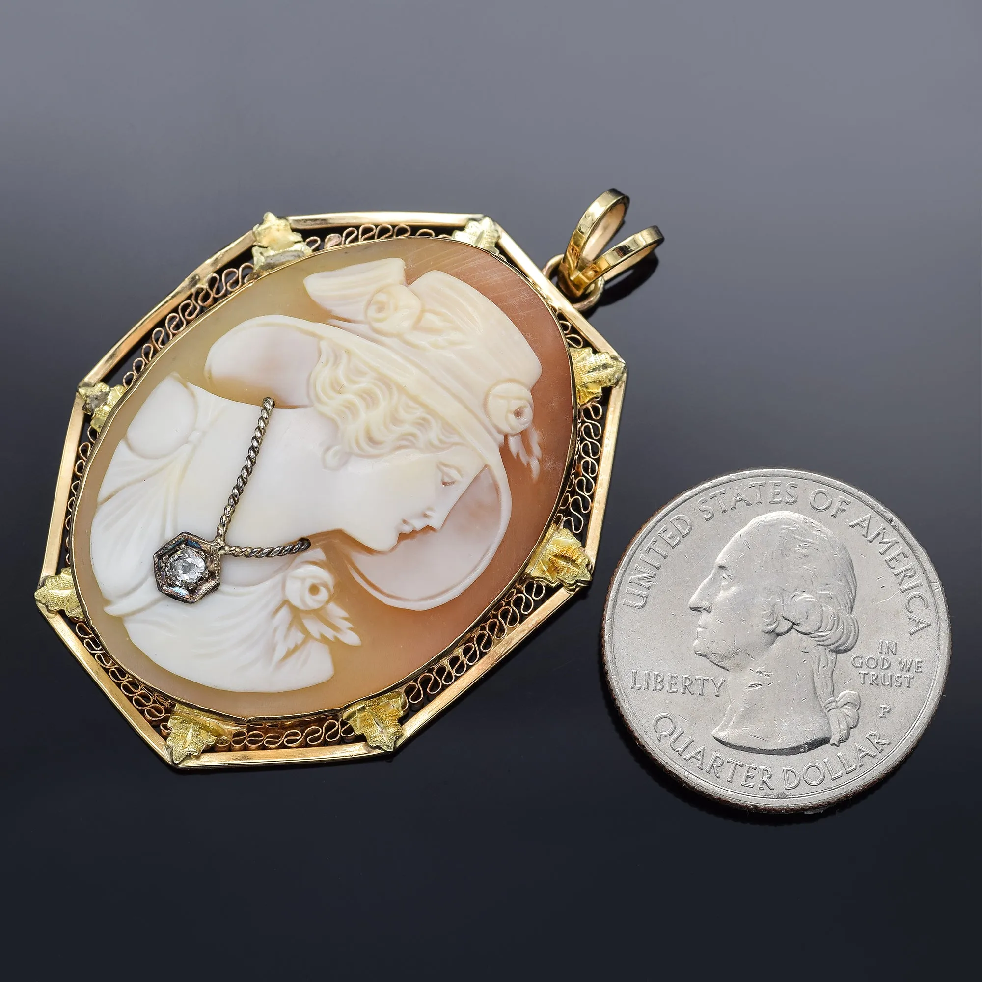 Antique 14K Yellow Gold Cameo Shell & Diamond Large Oval Pendant