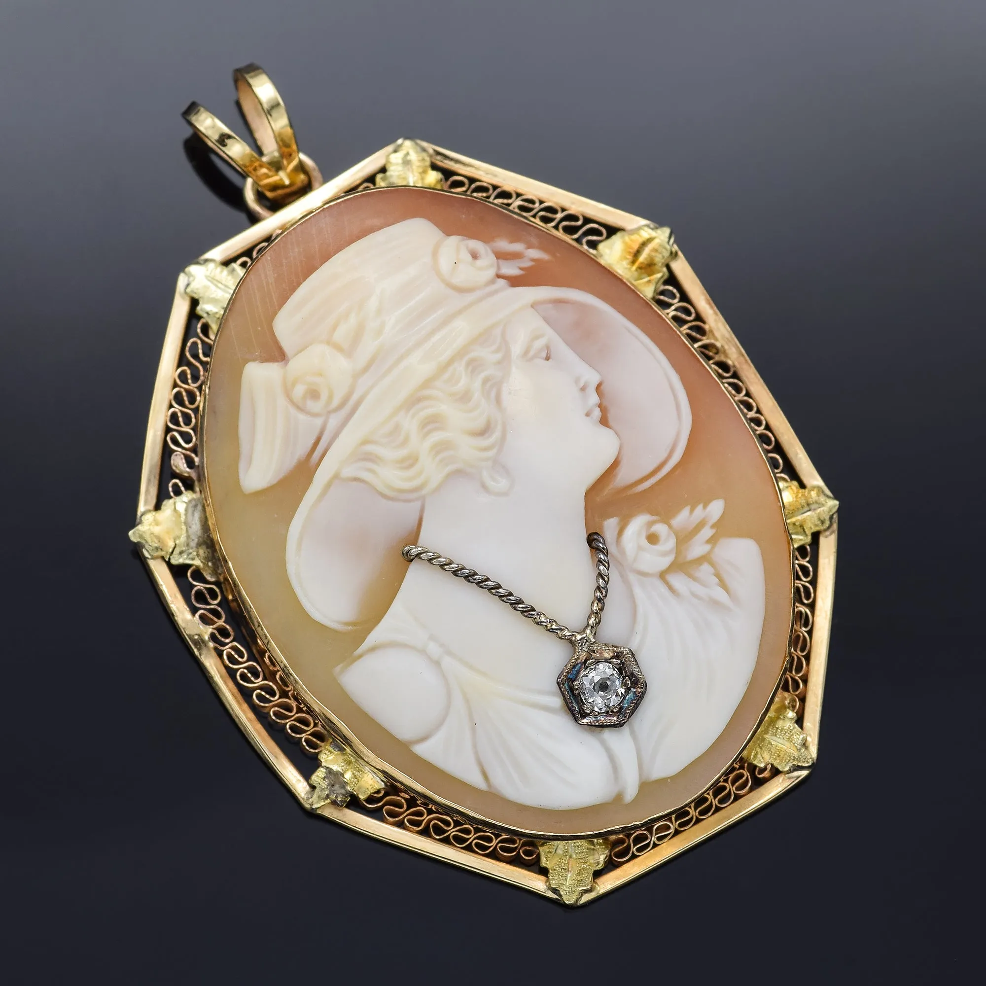 Antique 14K Yellow Gold Cameo Shell & Diamond Large Oval Pendant