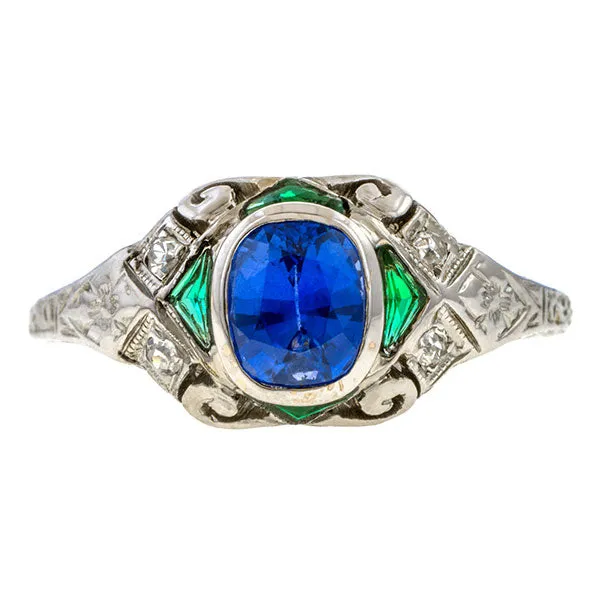 Art Deco Sapphire, Emerald & Diamond Ring, 1.00ct