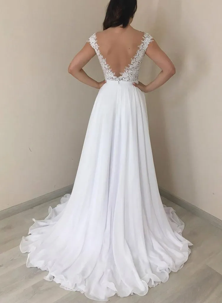 Backless White Chiffon A-Line Formal Dress with Round Neck, WD23022421