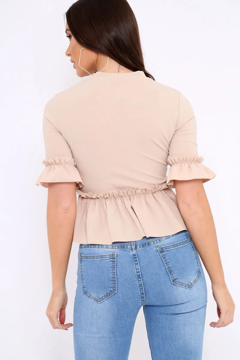 Beige Peplum Frill Detail Top with Frill Sleeves - Gretta