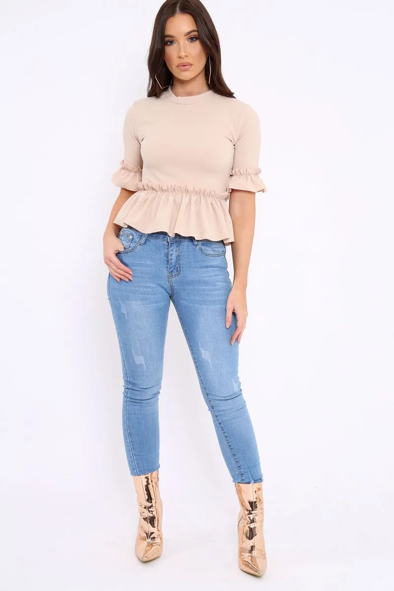 Beige Peplum Frill Detail Top with Frill Sleeves - Gretta