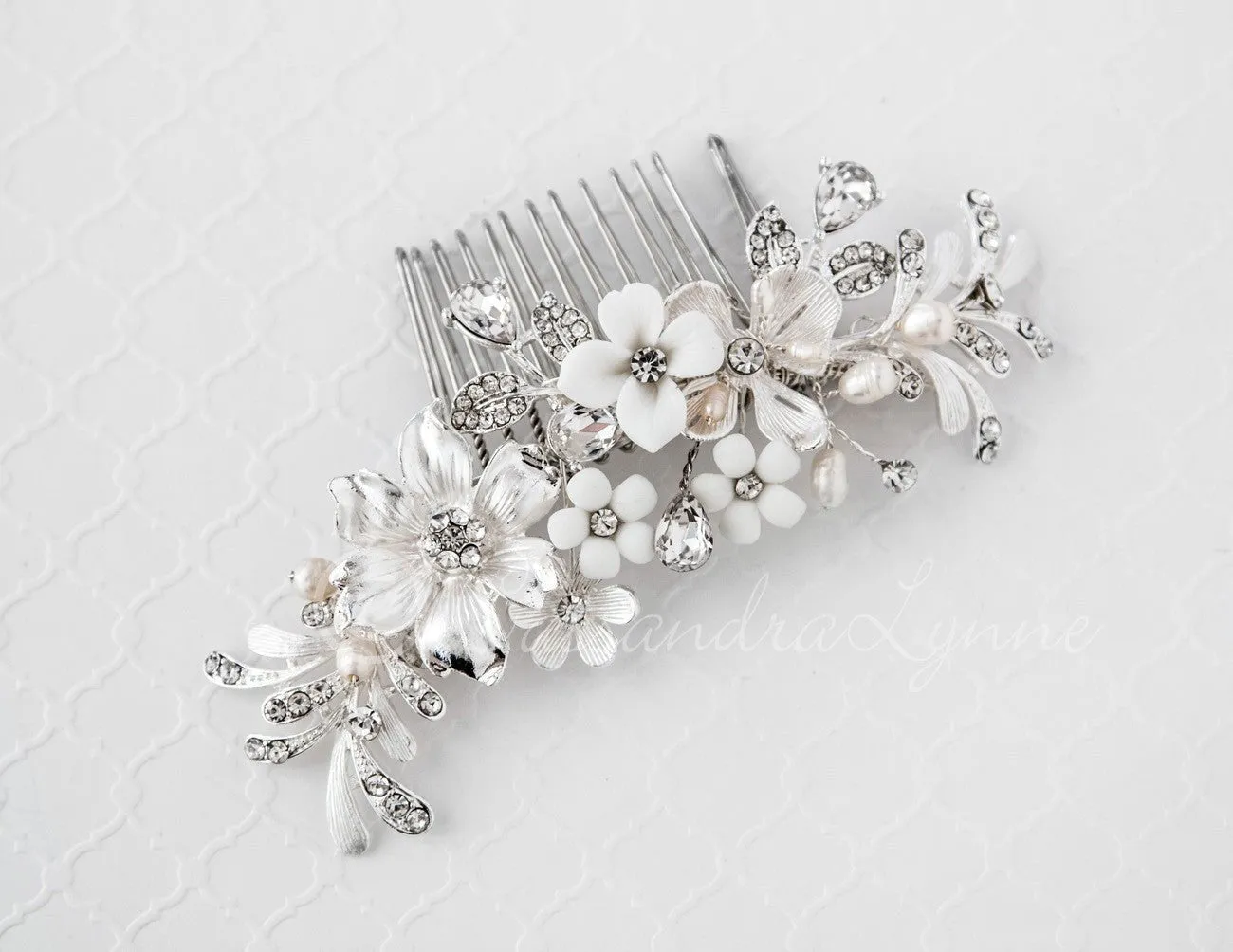 Bridal Hair Comb of Porcelain Flowers and Pearls