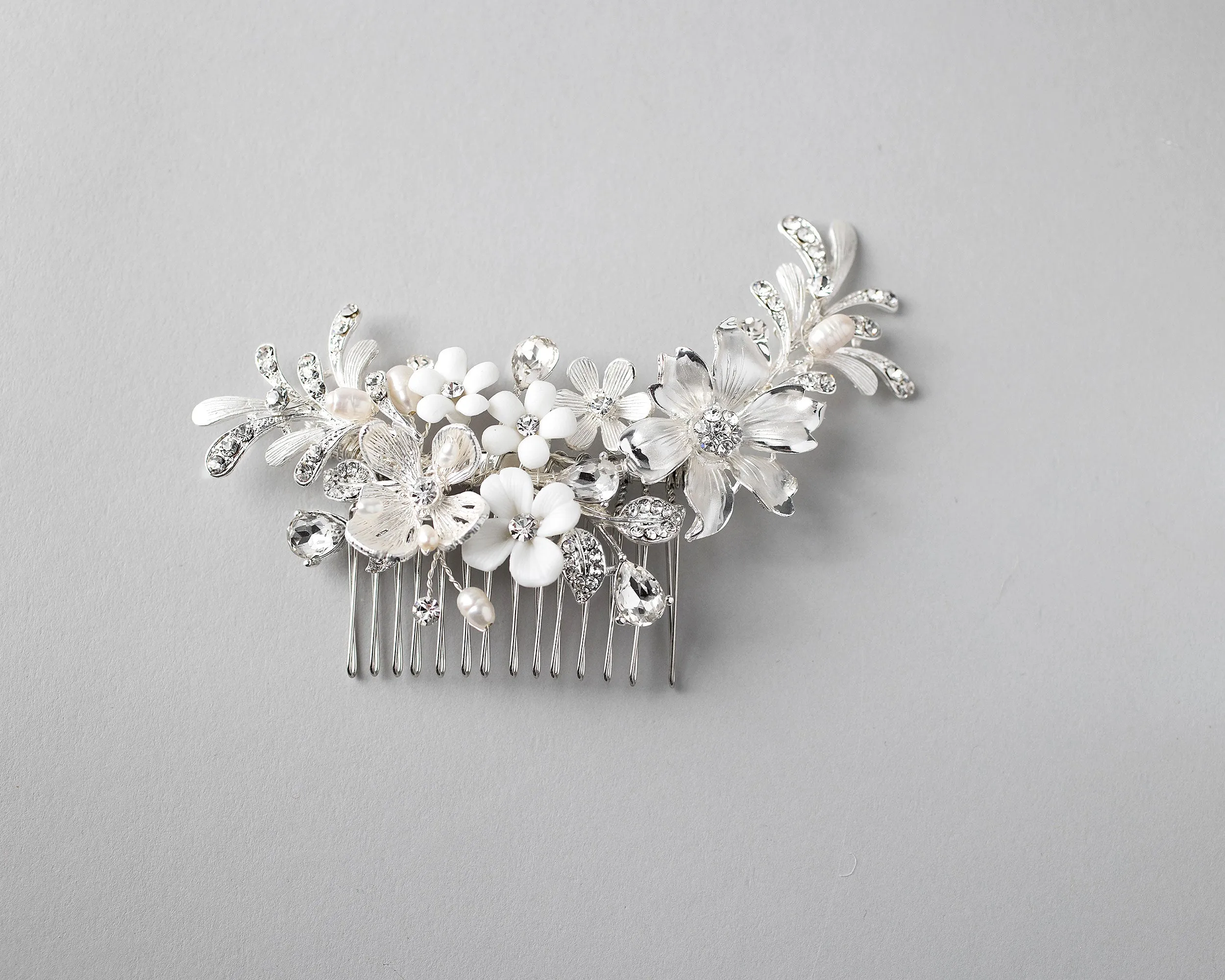 Bridal Hair Comb of Porcelain Flowers and Pearls