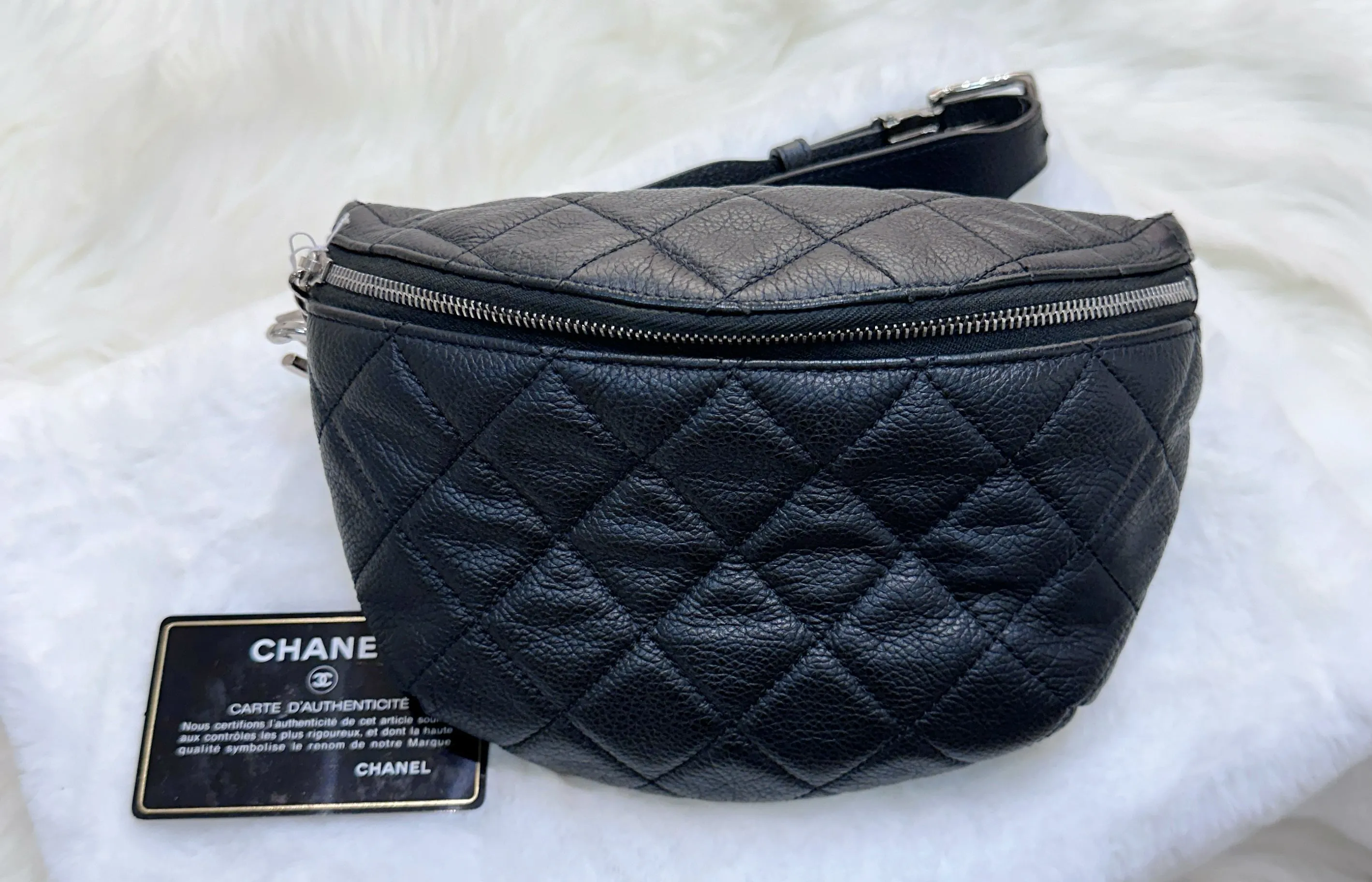 CHANEL Grained Calfskin Quilted Waist Belt Bag Black