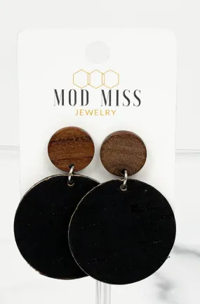 Cork Leather Round Earring in Black with Wood Stud