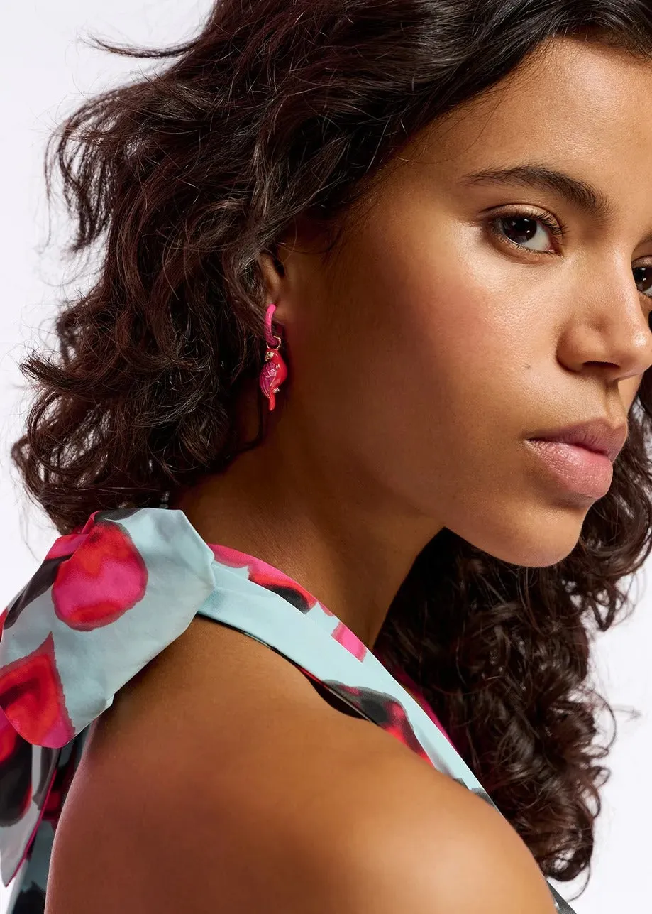 Essentiel Antwerp Neon pink hoop earrings with parrot and lime pendants