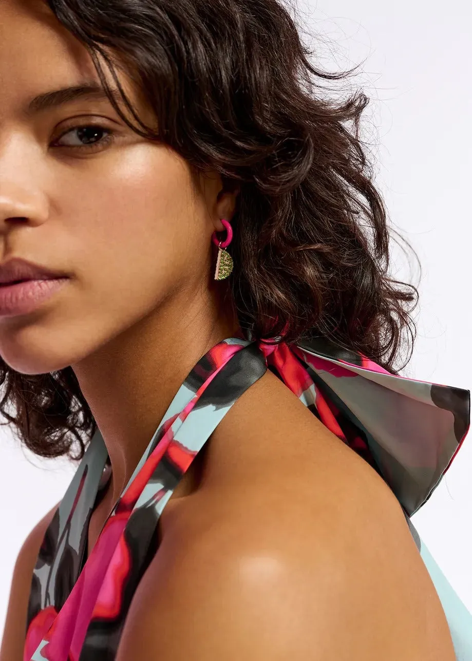 Essentiel Antwerp Neon pink hoop earrings with parrot and lime pendants