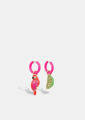 Essentiel Antwerp Neon pink hoop earrings with parrot and lime pendants