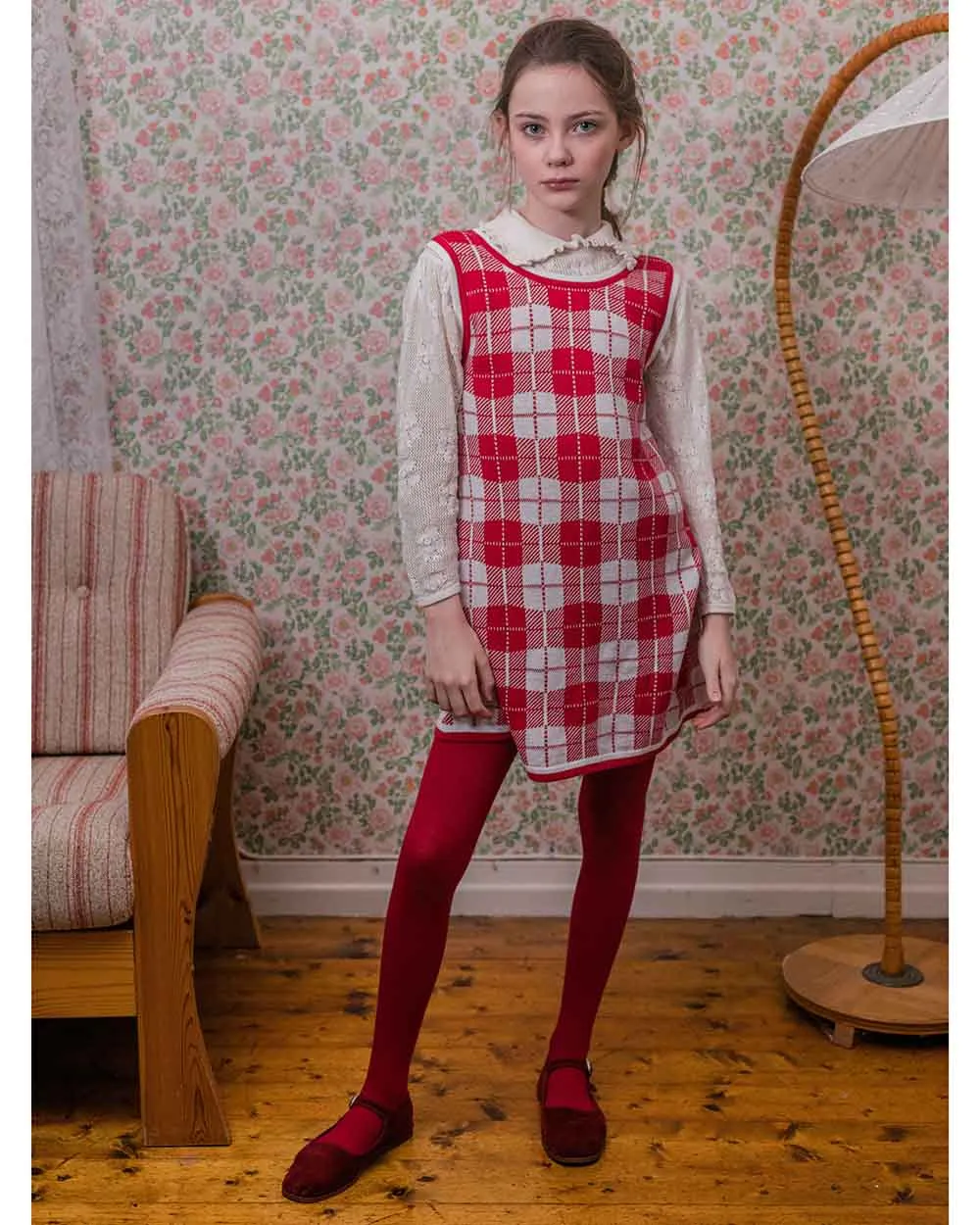 FISH & KIDS AW23 Knit Red Check Sleeveless Knit Dress