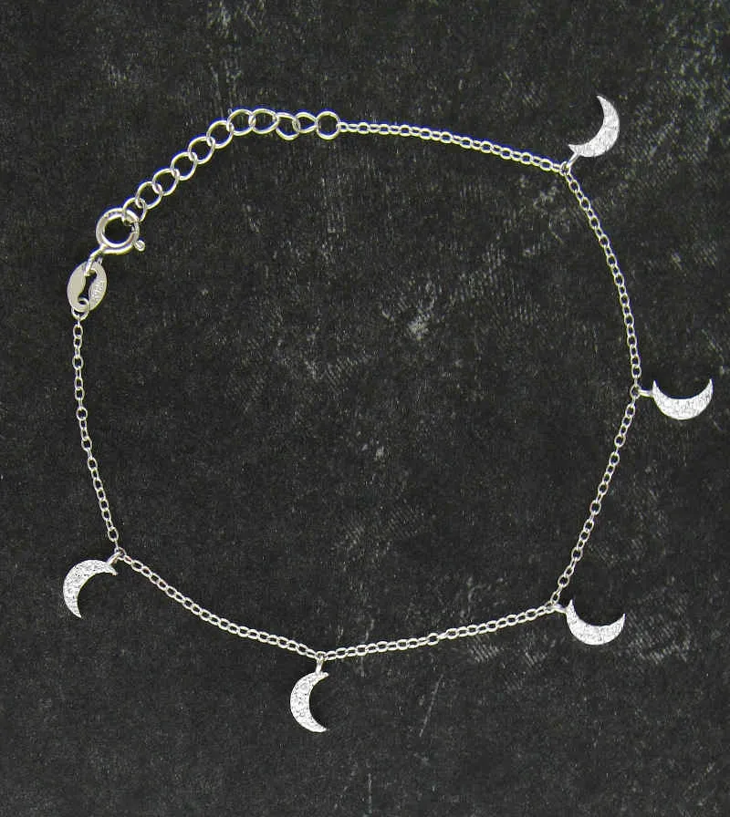 Five Tiny Crescent Moons Dainty Charm Bracelet with CZ Crystals