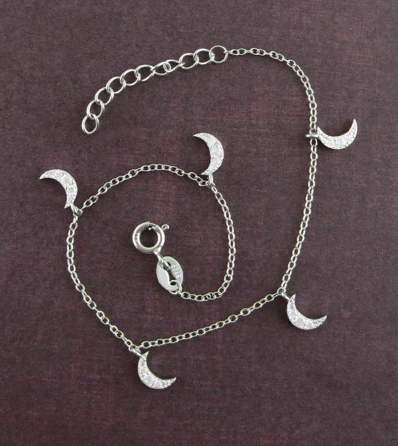 Five Tiny Crescent Moons Dainty Charm Bracelet with CZ Crystals