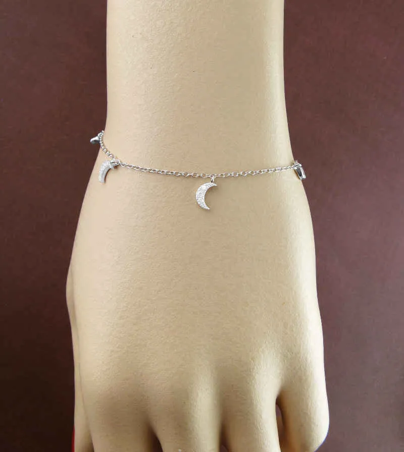 Five Tiny Crescent Moons Dainty Charm Bracelet with CZ Crystals