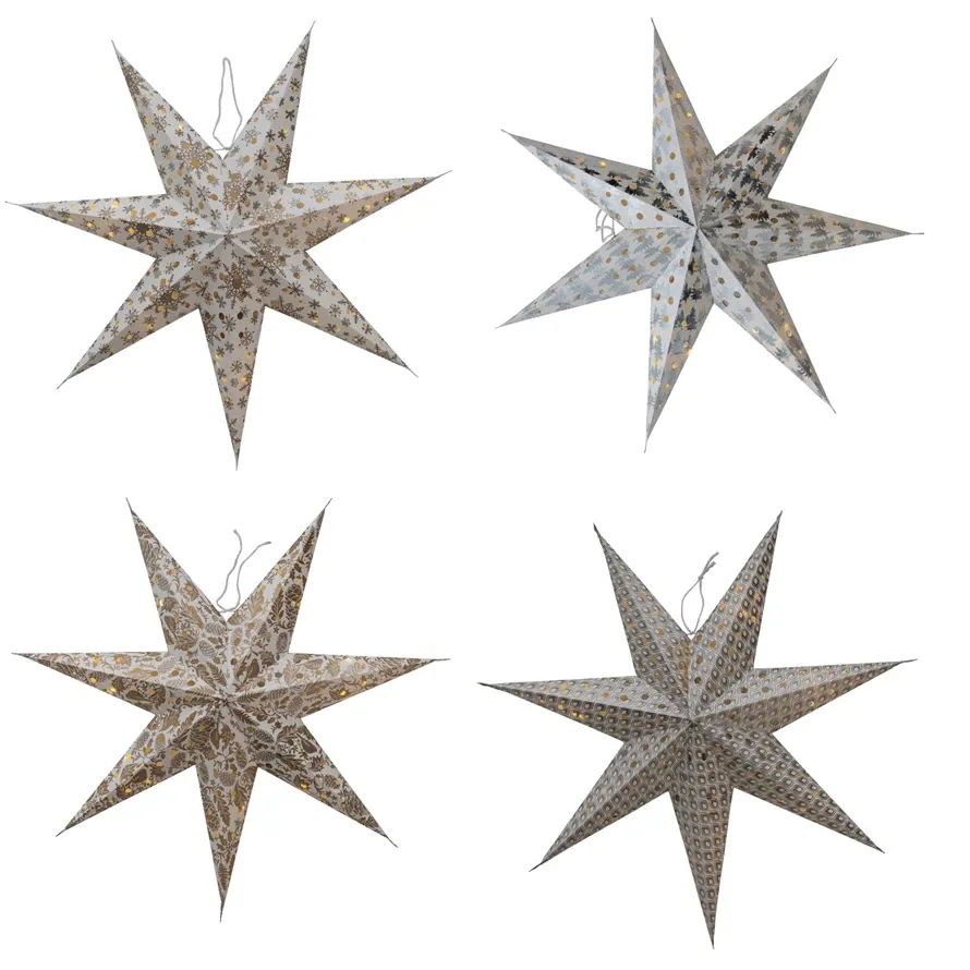 Folding 7-Point Recycled Paper Star Ornament w/ LED Light String