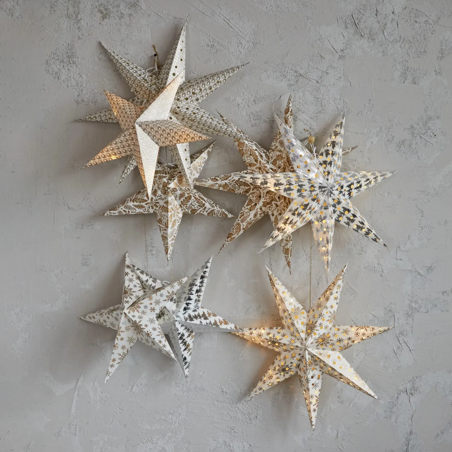 Folding 7-Point Recycled Paper Star Ornament w/ LED Light String