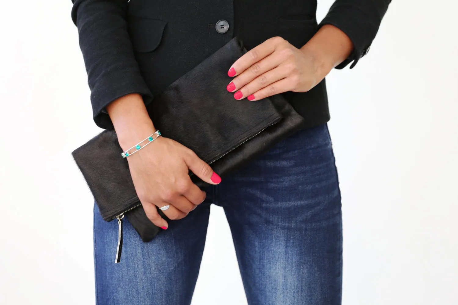 Foldover Clutch-Genuine Calf Hair Leather-Black