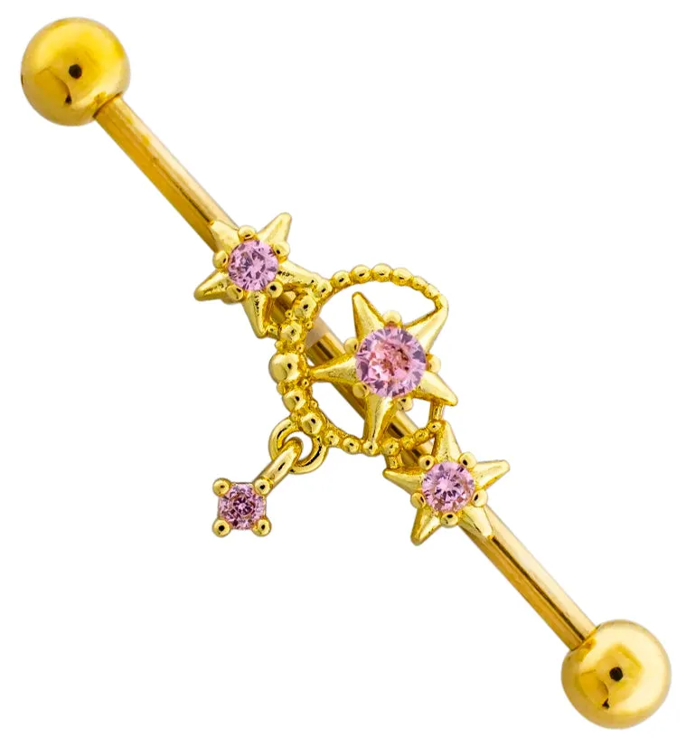 Gold PVD Moon and Stars Pink CZ Stainless Steel Industrial Barbell