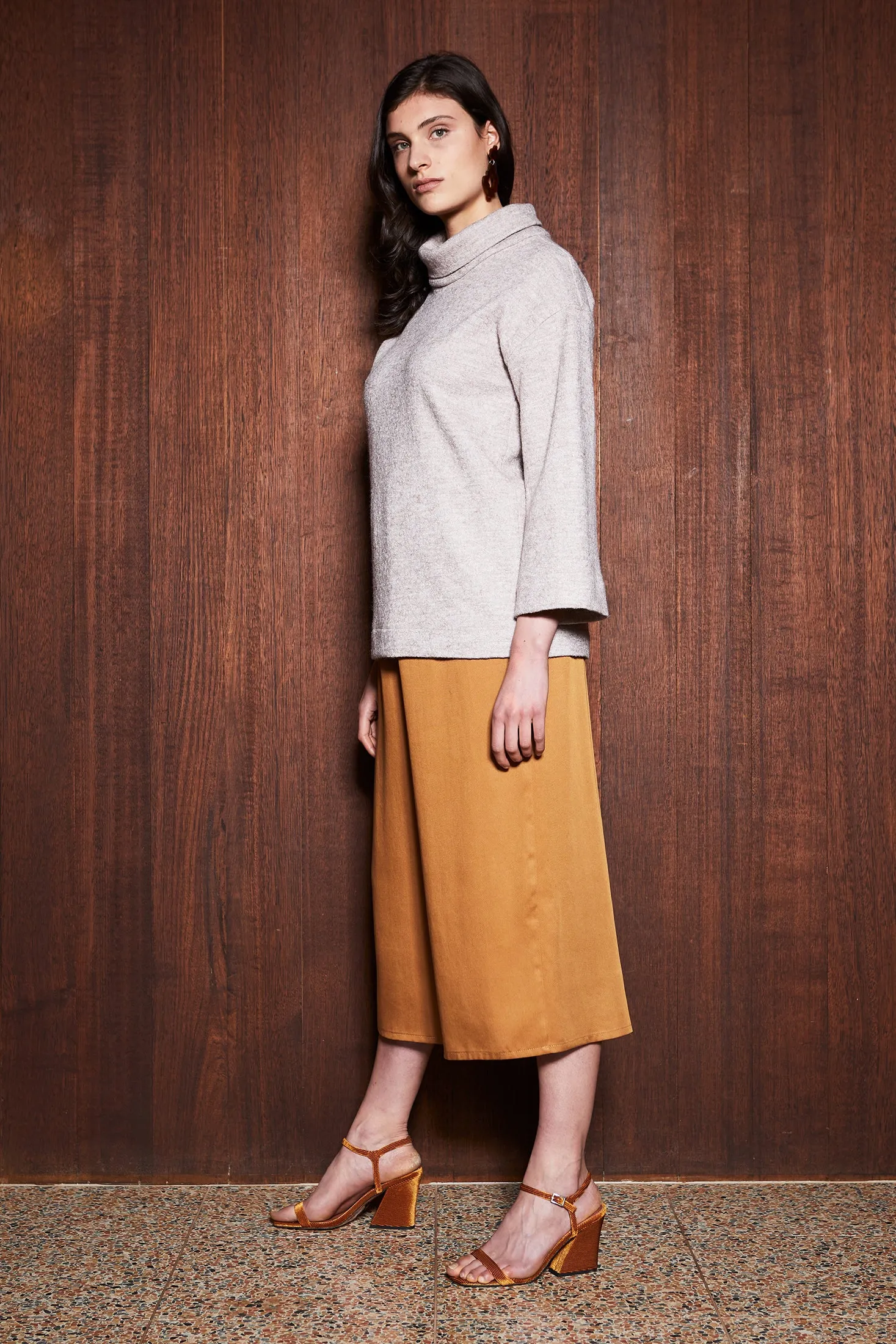 LEAF LITTER CULOTTES [ Mustard Orange Tencel Wide Leg Pants, Elastic Waist ]