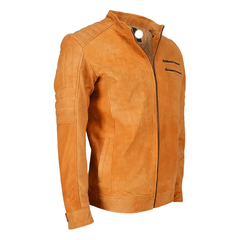 Mens Biker Distressed Suede Camel Leather Jacket