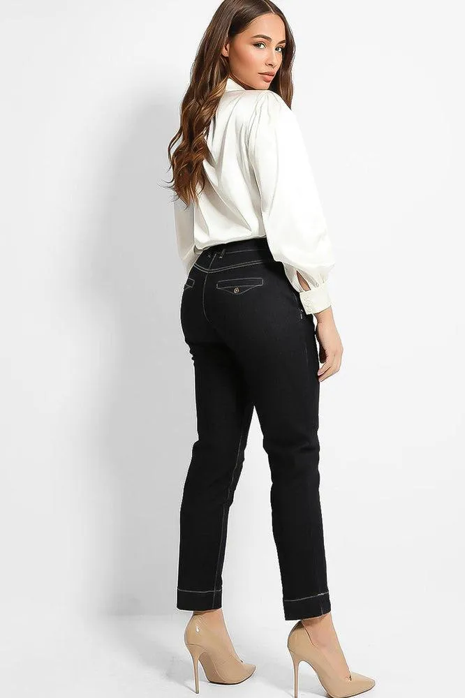 Navy Contrast Stitch Mid-Rise Waist Ankle Jeans