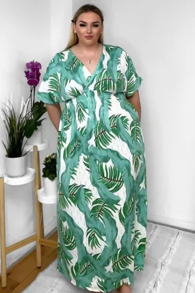 Palm Leaves Print Shirred Waist Maxi Dress