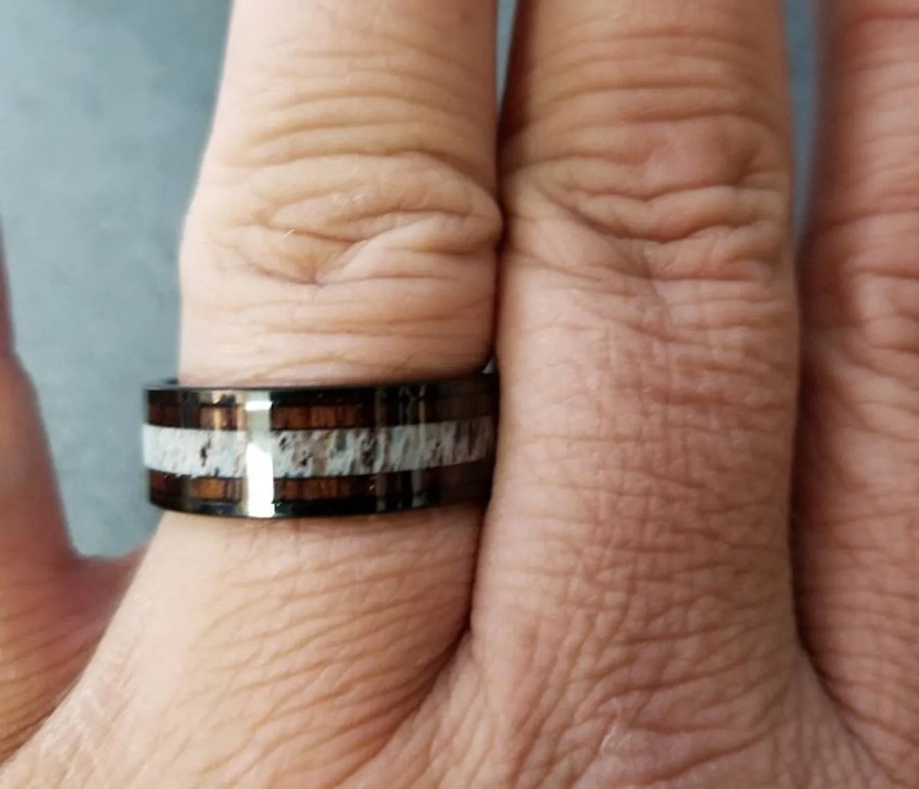 Personalized Men's Tungsten Wedding Band - Wood and Antler Inlay