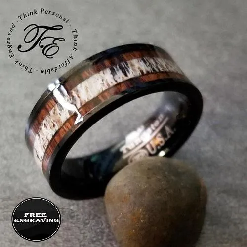 Personalized Men's Tungsten Wedding Band - Wood and Antler Inlay