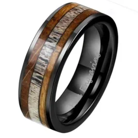 Personalized Men's Tungsten Wedding Band - Wood and Antler Inlay