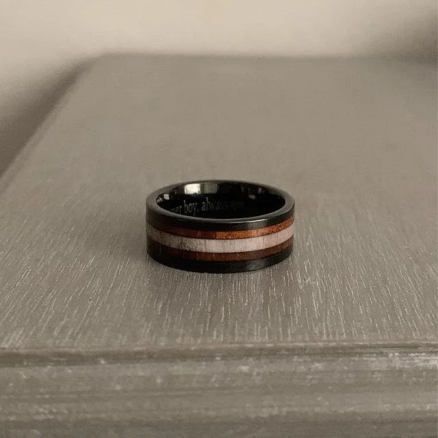 Personalized Men's Tungsten Wedding Band - Wood and Antler Inlay