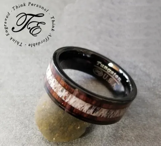 Personalized Men's Tungsten Wedding Band - Wood and Antler Inlay