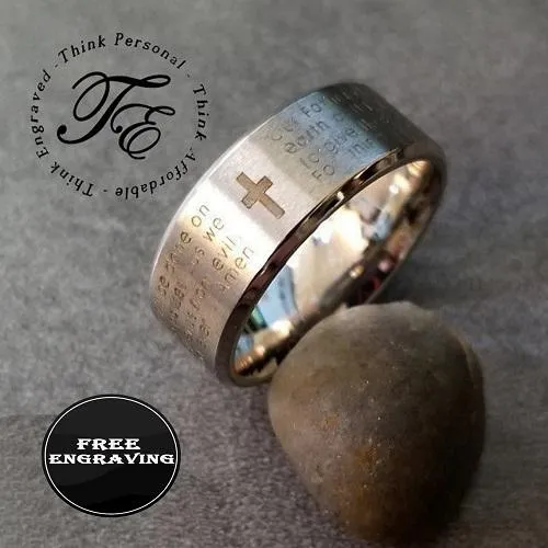 Personalized Men's Wedding Band - Lords Prayer Christian Cross Stainless Steel