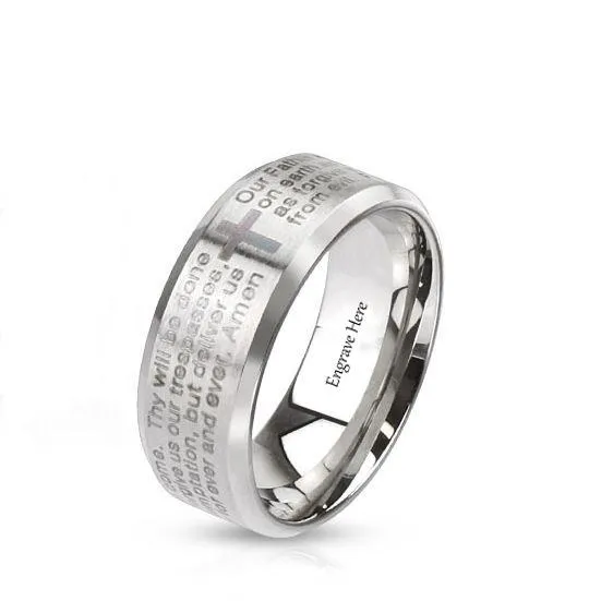 Personalized Men's Wedding Band - Lords Prayer Christian Cross Stainless Steel