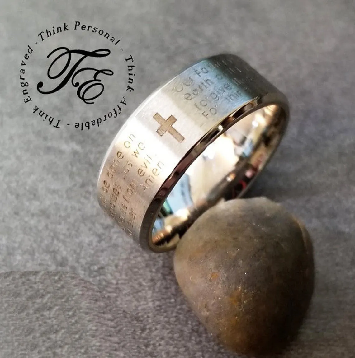 Personalized Men's Wedding Band - Lords Prayer Christian Cross Stainless Steel