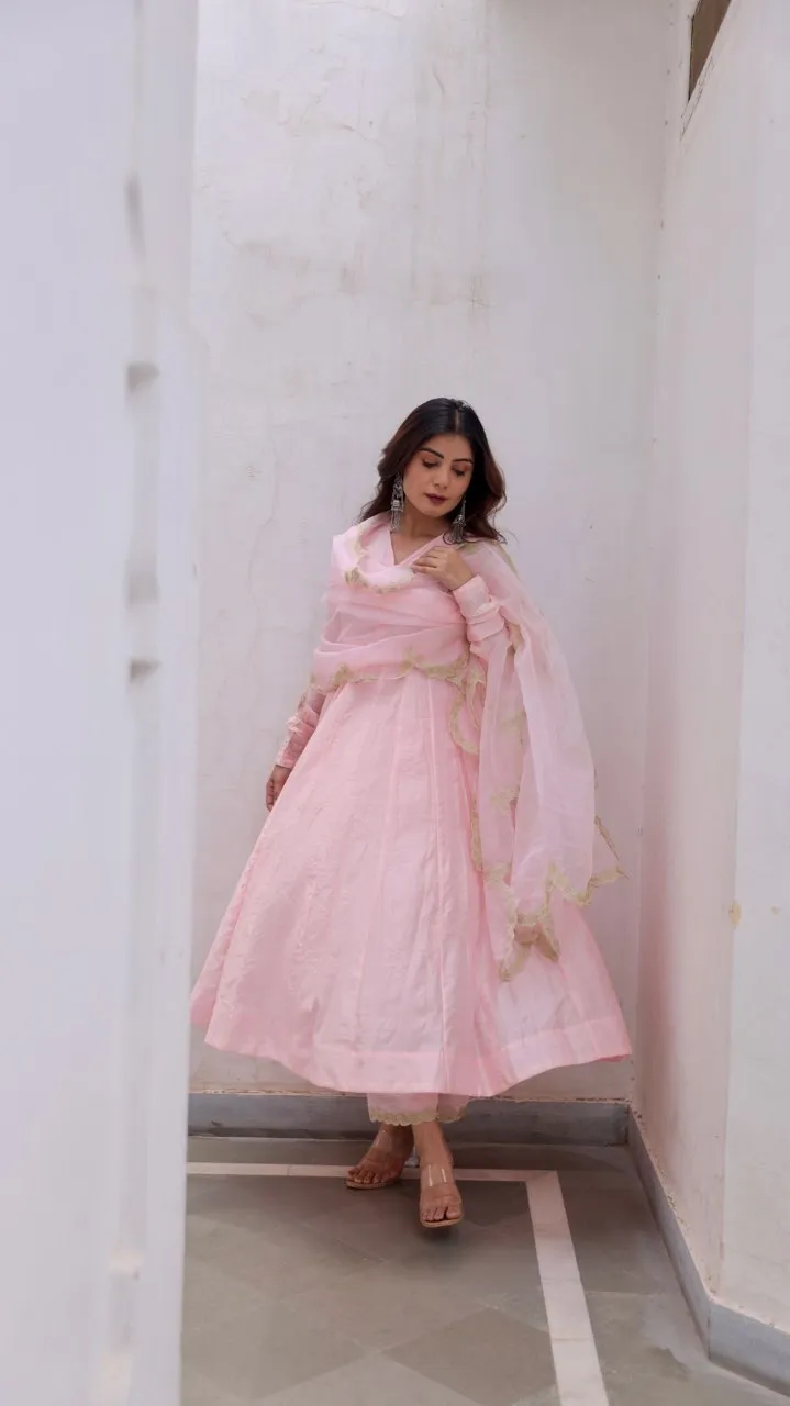 Pink Muslin Anarkali With Zari work organza dupatta