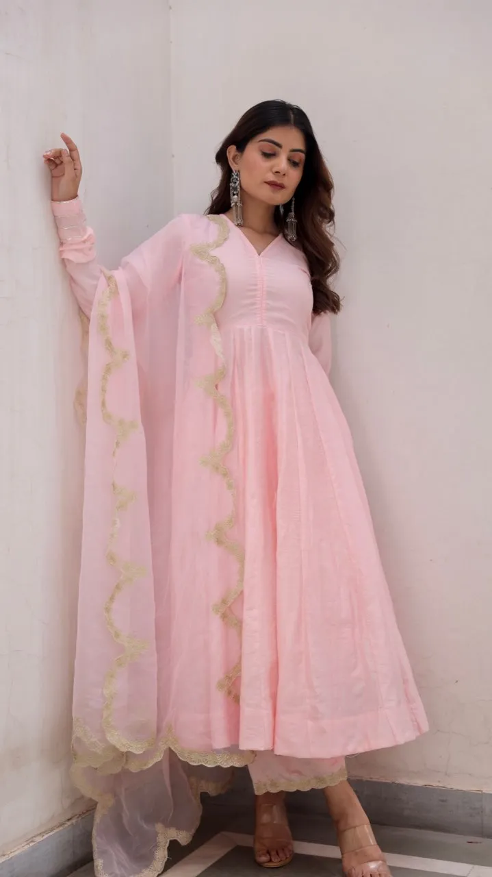 Pink Muslin Anarkali With Zari work organza dupatta