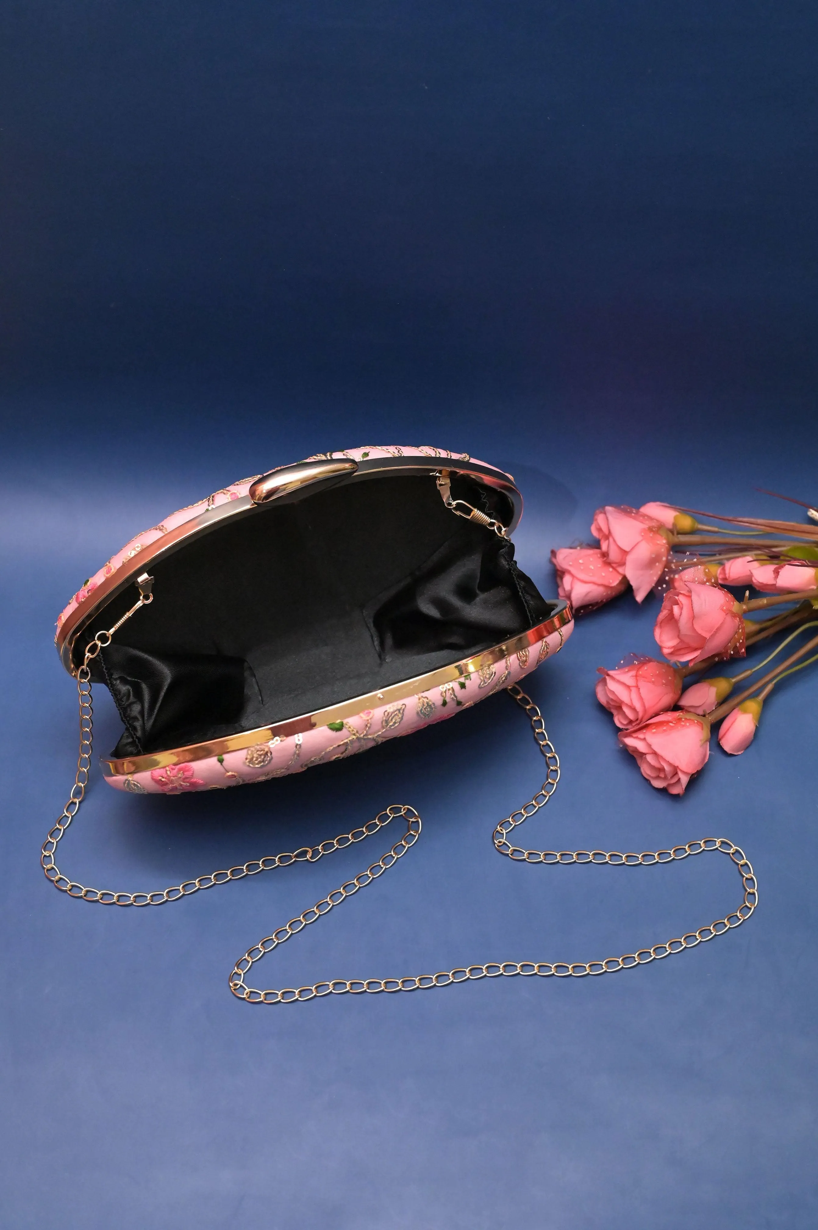 Powder Pink Color Shell Shape Clutch with Embroidery Work