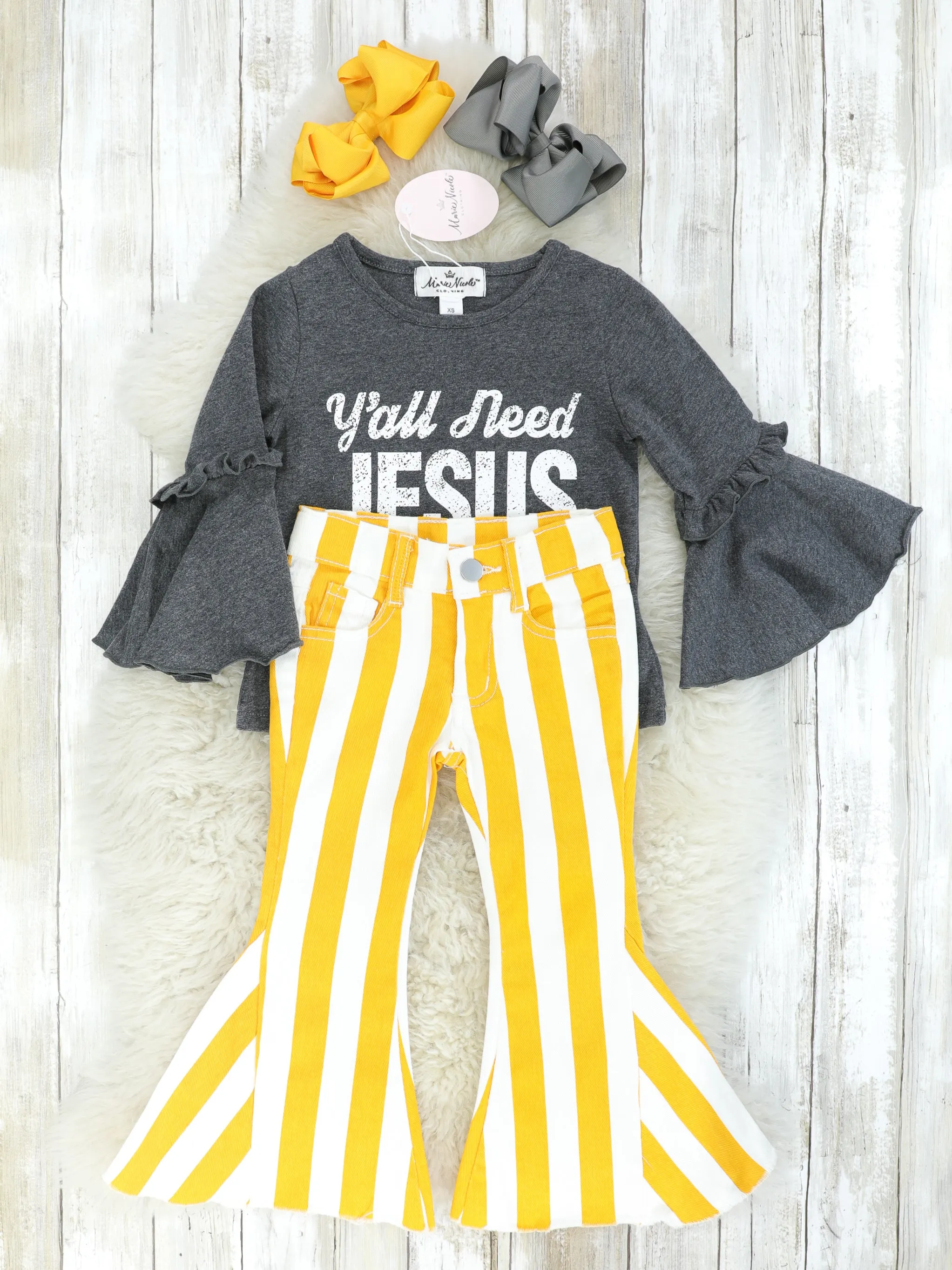 "Y'all Need Jesus"  Ruffle Top & Yellow Striped Bell Bottoms Outfit