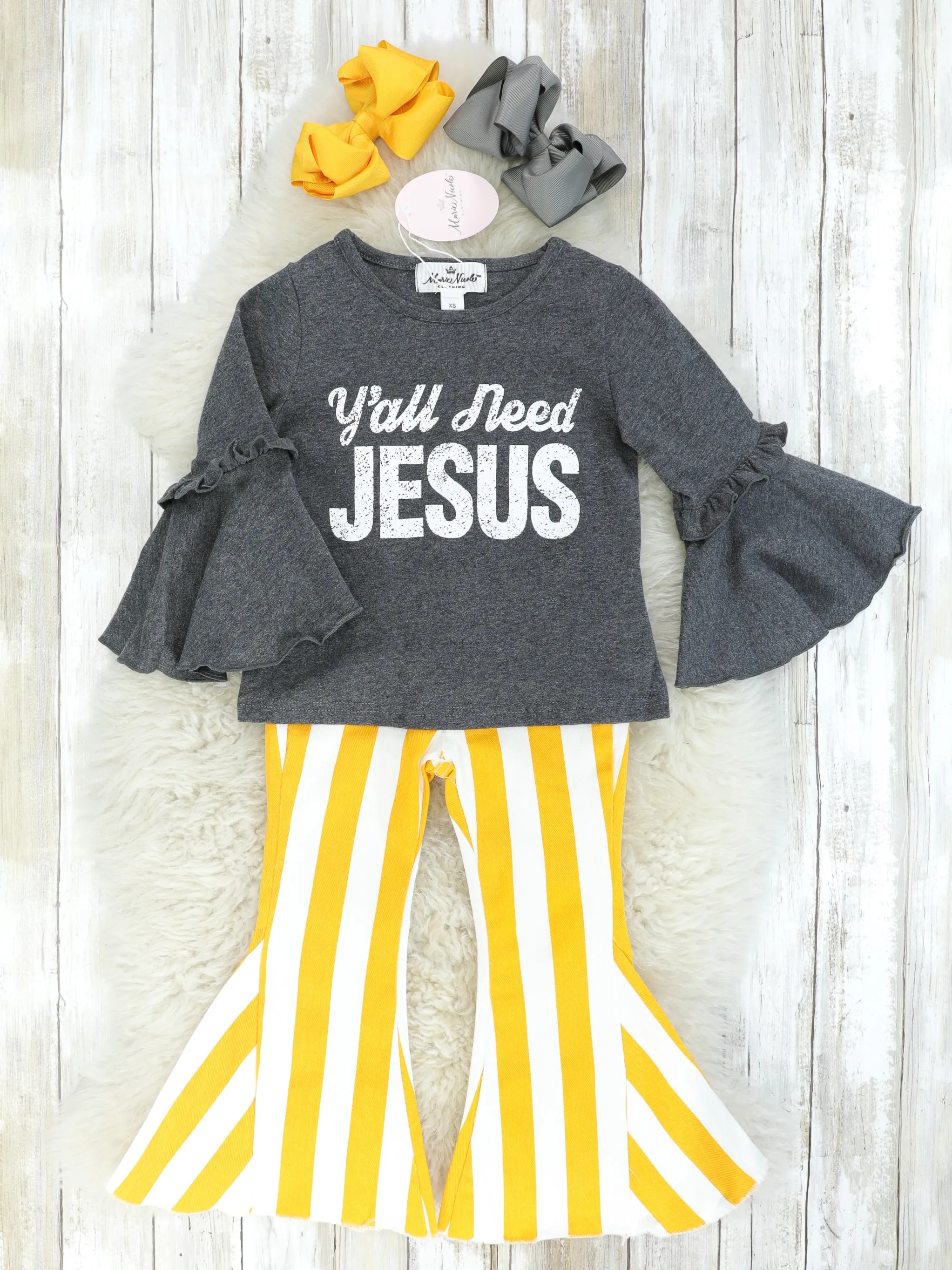 "Y'all Need Jesus"  Ruffle Top & Yellow Striped Bell Bottoms Outfit