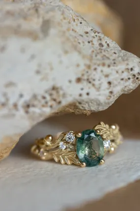 READY TO SHIP: Silviya ring in 14K yellow gold, natural moss agate oval cut 8x6 mm, accent moissanites, AVAILABLE RING SIZES: 6-8US