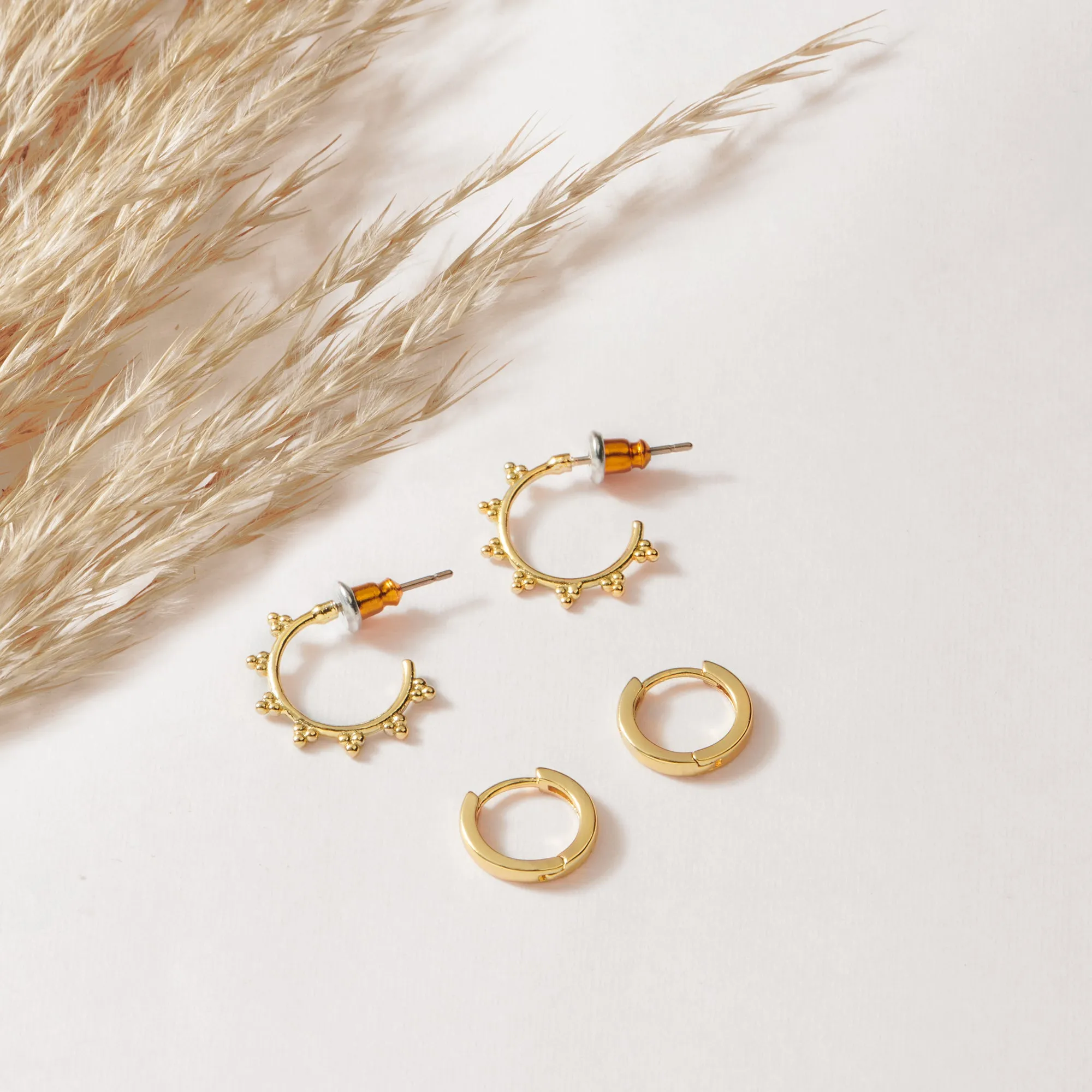 Real Gold Plated Z Beaded Hoop And Stud Pack of 2